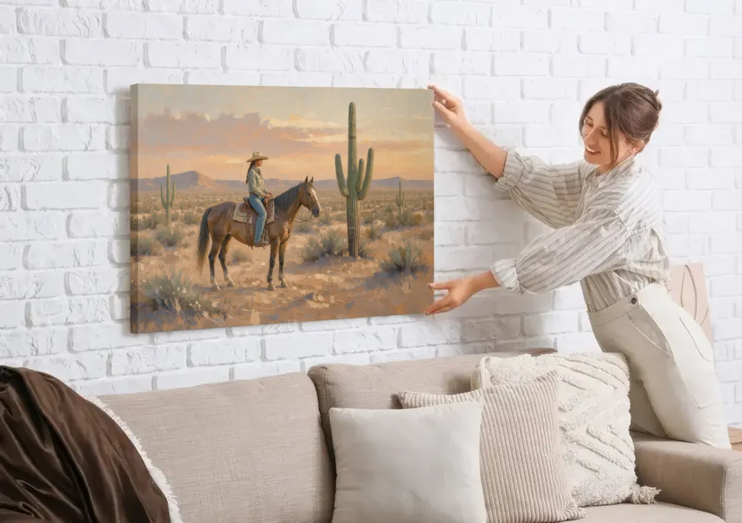 Southwestern Cowgirl Beside the Tall Saguaro canvas wall art being hung on a white brick wall above a sofa