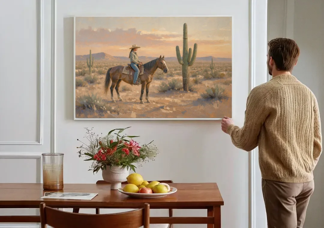 Southwestern Cowgirl Beside the Tall Saguaro canvas wall art above a dining table