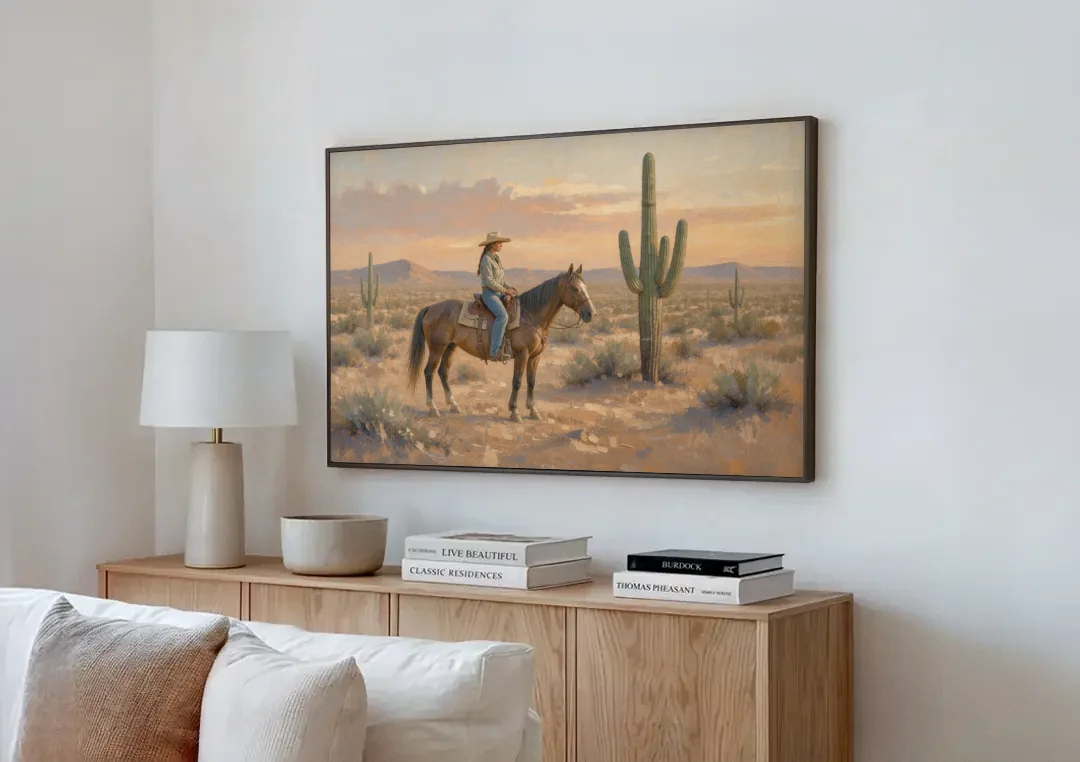 Southwestern Cowgirl Beside the Tall Saguaro canvas wall art above a wooden sideboard next to a sofa