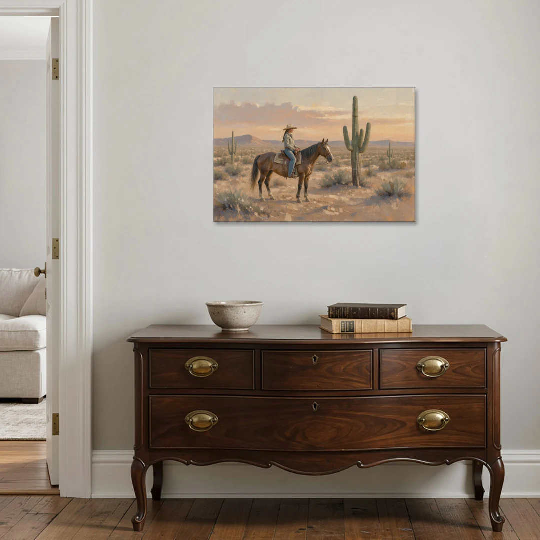 Southwestern Cowgirl Beside the Tall Saguaro - Canvas Wall Art - Coffee Table - 36x24