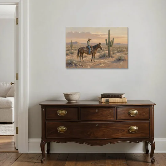 Southwestern Cowgirl Beside the Tall Saguaro - Canvas Wall Art - Coffee Table - 36x24
