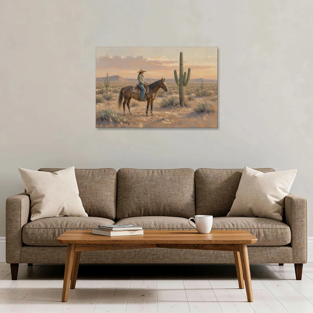 Southwestern Cowgirl Beside the Tall Saguaro - Canvas Wall Art - Sofa - 36x24