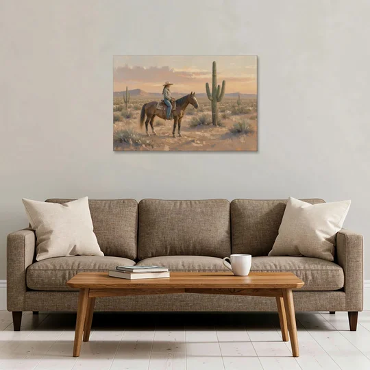 Southwestern Cowgirl Beside the Tall Saguaro - Canvas Wall Art - Sofa - 36x24