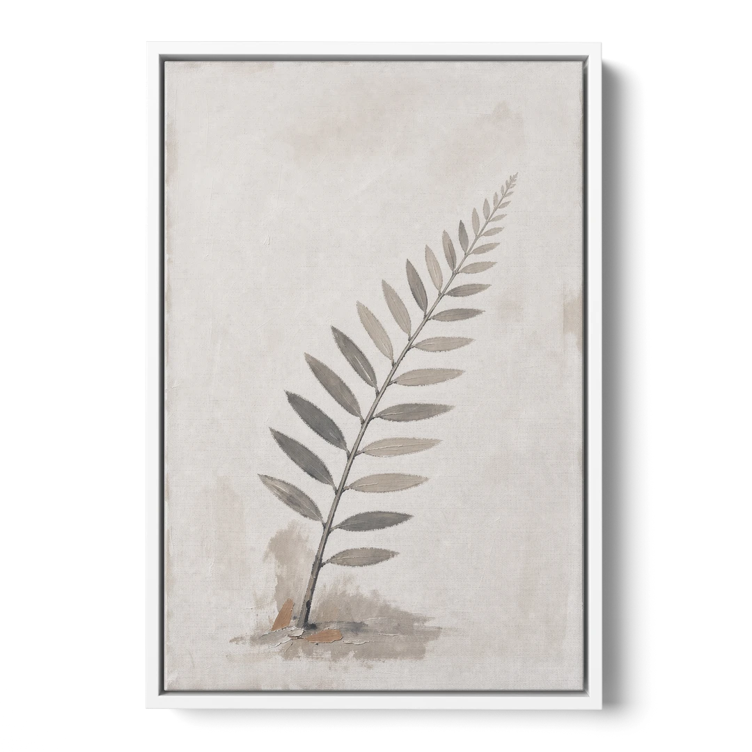 Spa Bathroom Wall Art with a Sword Fern Frond - White Framed Canvas Wall Art - Front