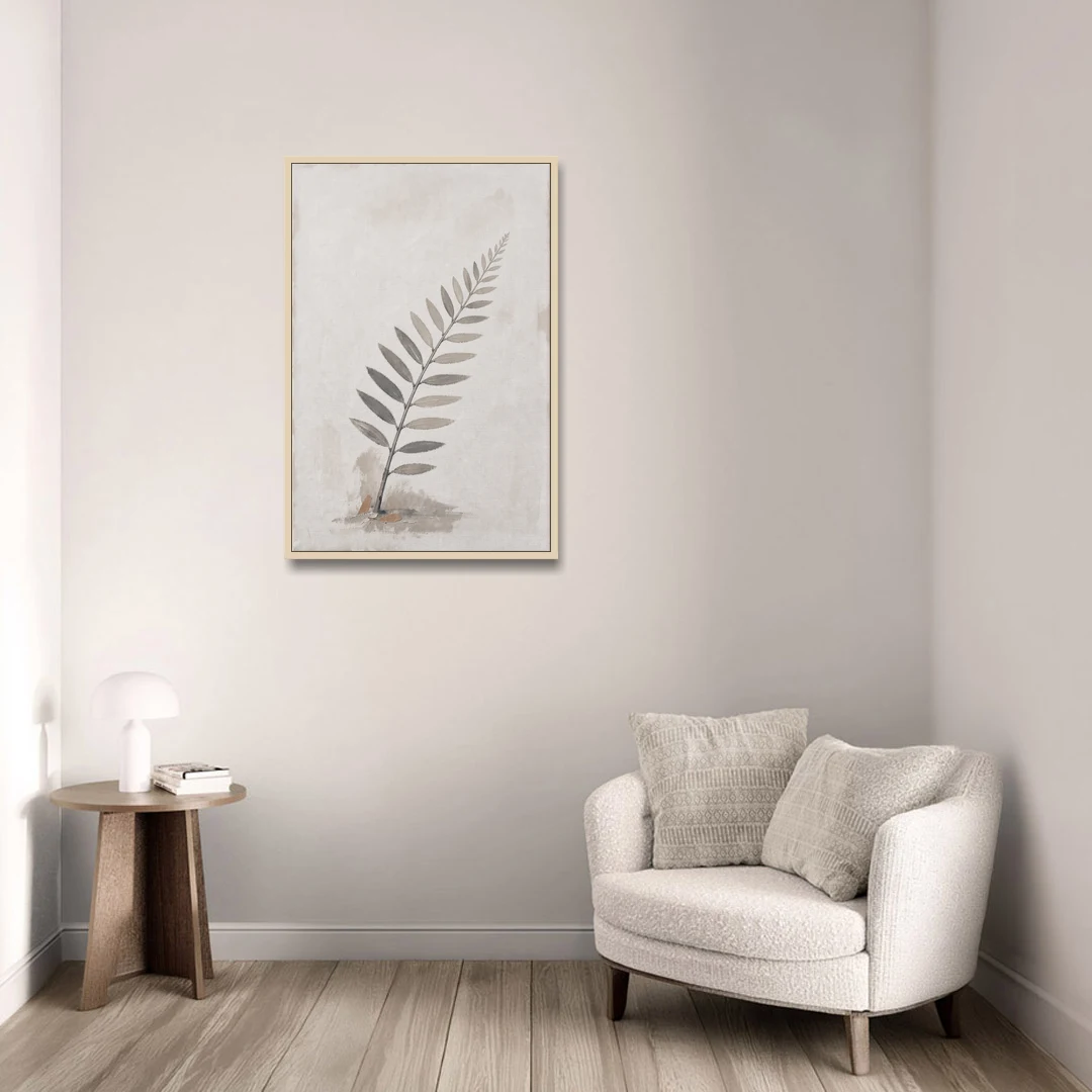 Spa Bathroom Wall Art with a Sword Fern Frond - Oak Framed Canvas Wall Art - Sofa - 24x36