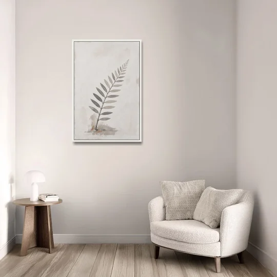 Spa Bathroom Wall Art with a Sword Fern Frond - White Framed Canvas Wall Art - Sofa - 24x36