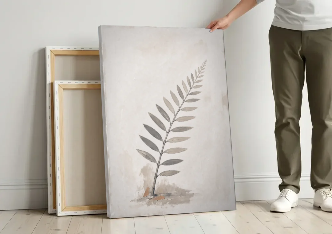 Spa Bathroom Wall Art with a Sword Fern Frond canvas wall art leaning against a wall next to blank canvases