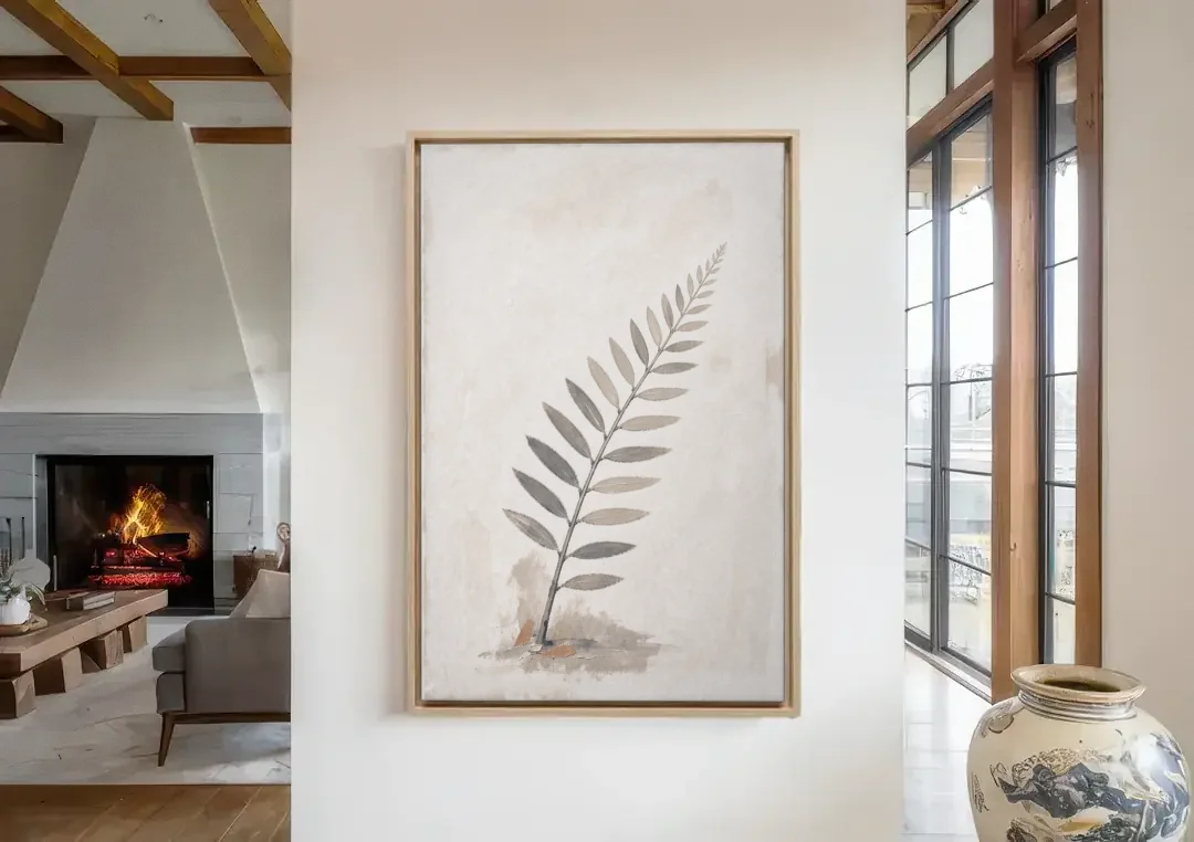 Spa Bathroom Wall Art with a Sword Fern Frond canvas wall art in a living room with a fireplace