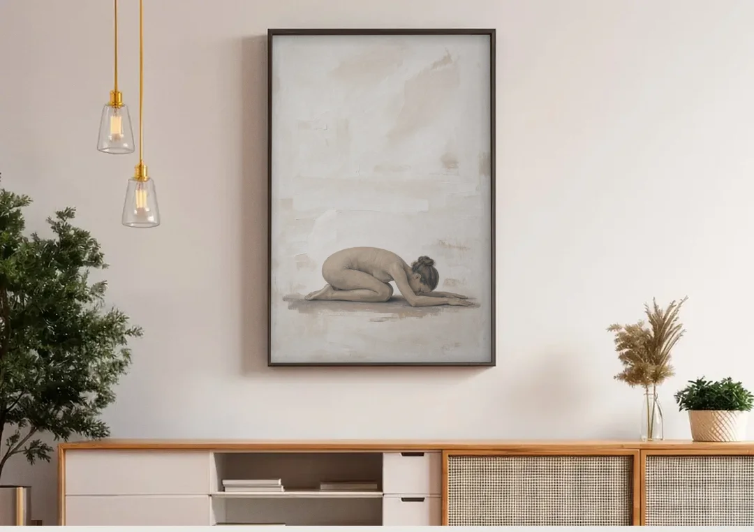 Spa Room Decor with Child's Pose in Sand canvas wall art above a wooden sideboard under pendant lights