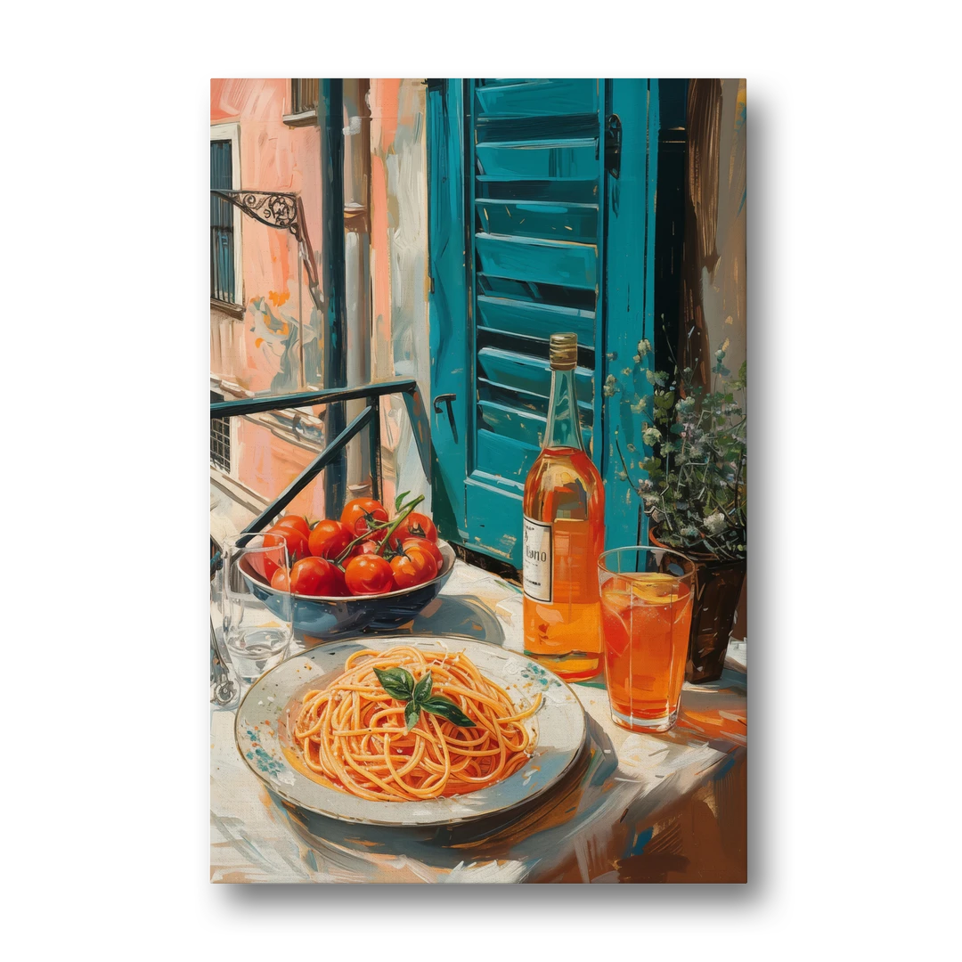 Spaghetti Art with Tomatoes and Wine - Canvas Wall Art - Front