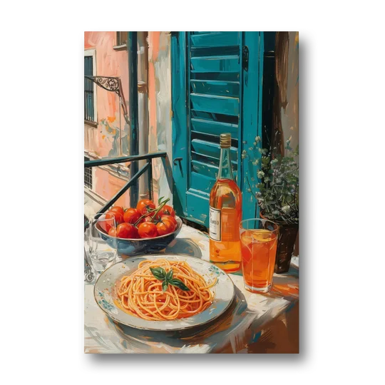 Spaghetti Art with Tomatoes and Wine - Canvas Wall Art - Front