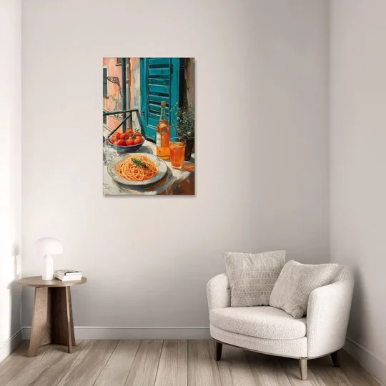 Spaghetti Art with Tomatoes and Wine - Canvas Wall Art - Sofa - 24x36
