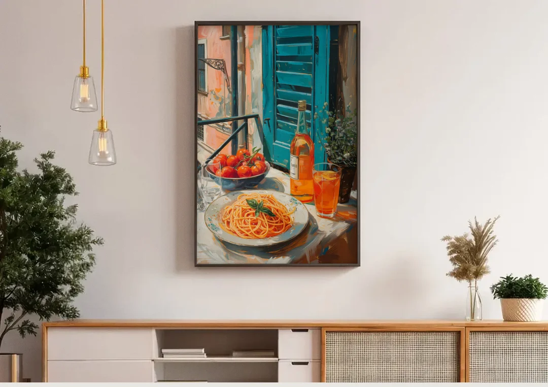 Spaghetti Art with Tomatoes and Wine canvas wall art above a wooden sideboard under pendant lights