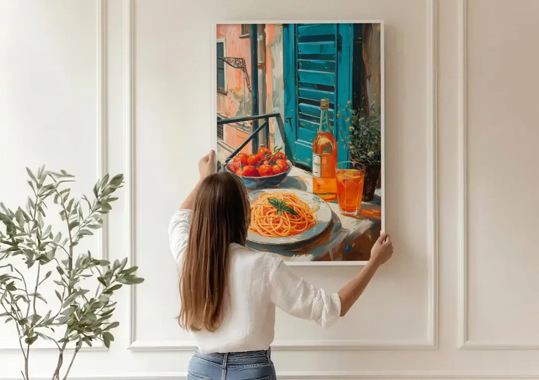 Spaghetti Art with Tomatoes and Wine canvas wall art being hung on a paneled wall