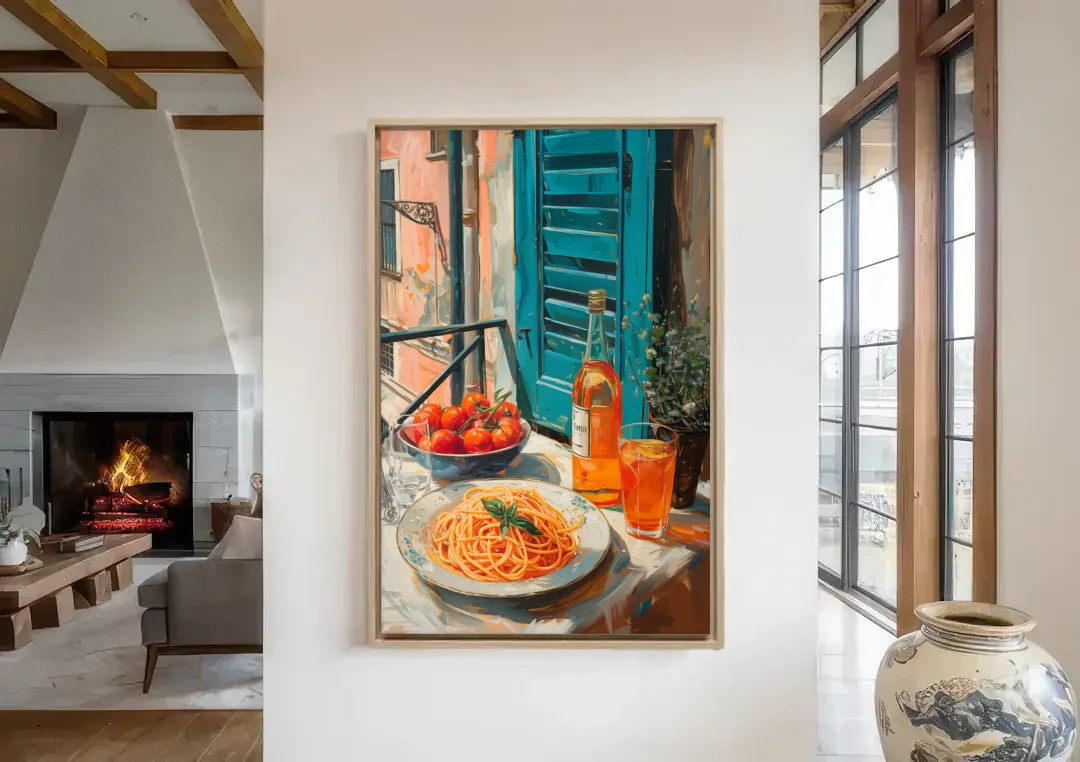 Spaghetti Art with Tomatoes and Wine canvas wall art in a living room with a fireplace