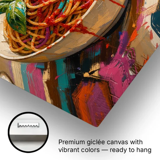 Spaghetti Bowl with Fork and Basil in Teal Strokes - Canvas Wall Art - Gallery Wrap Corner