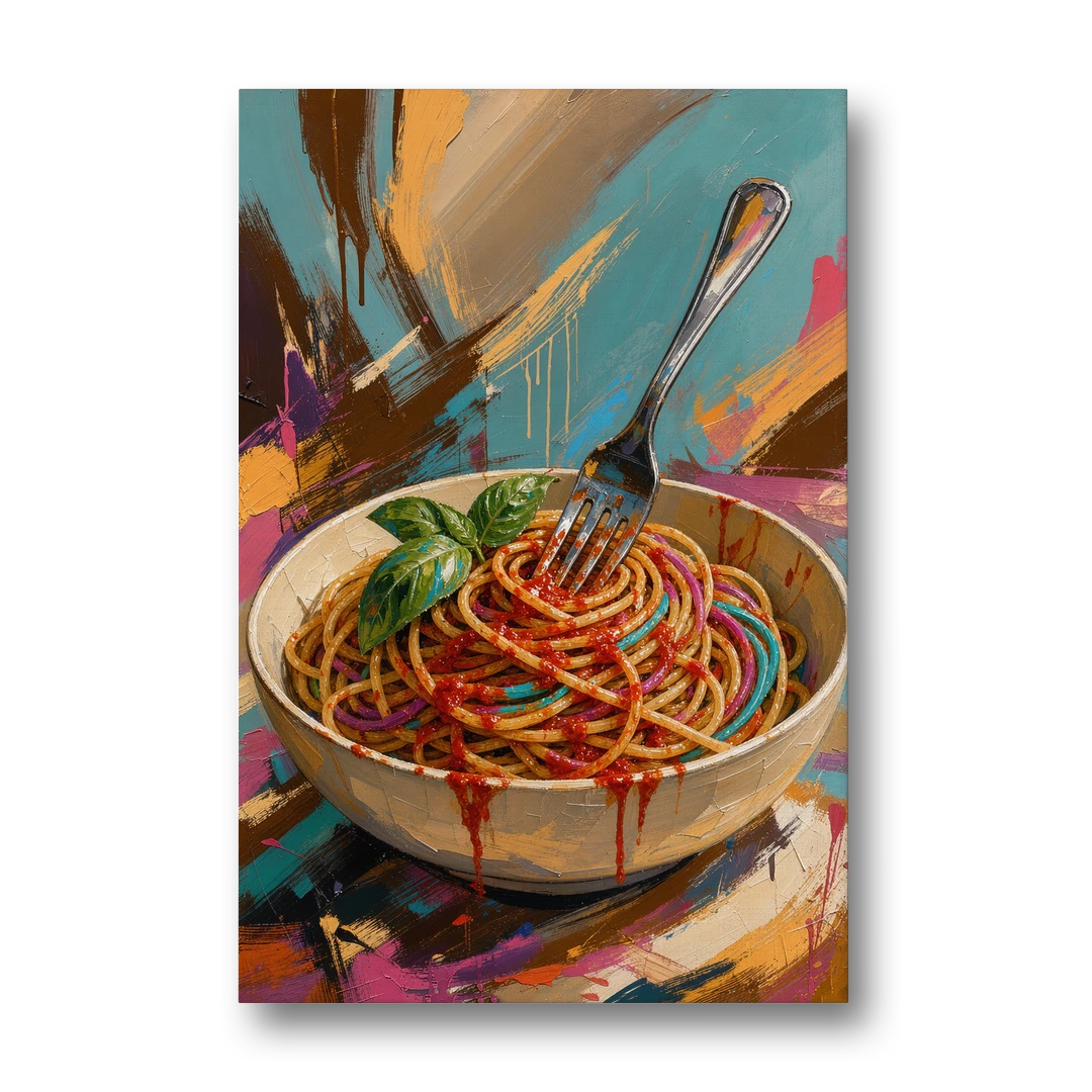 Spaghetti Bowl with Fork and Basil in Teal Strokes - Canvas Wall Art - Front