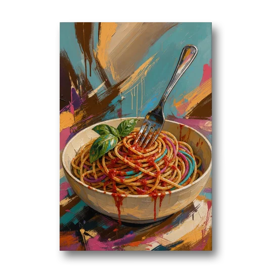 Spaghetti Bowl with Fork and Basil in Teal Strokes - Canvas Wall Art - Front