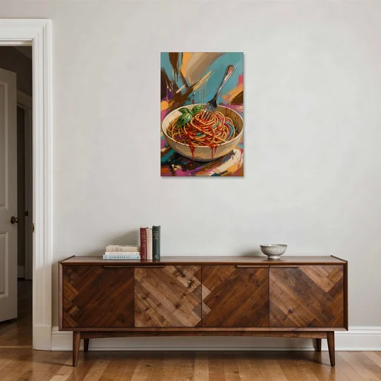 Spaghetti Bowl with Fork and Basil in Teal Strokes - Canvas Wall Art - Coffee Table - 24x36