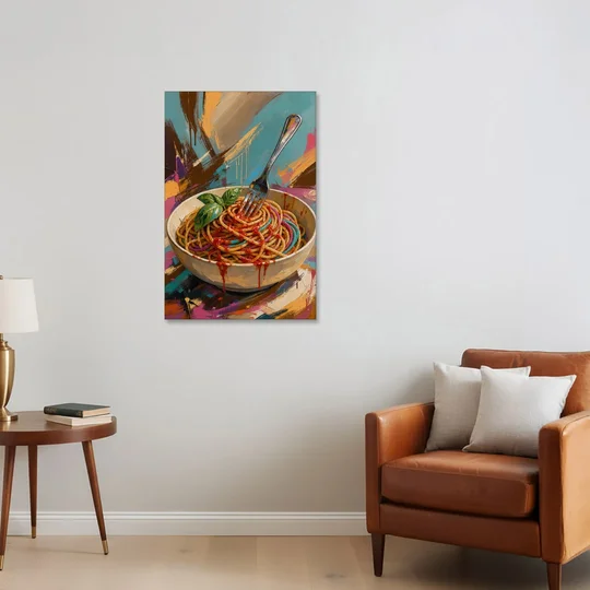 Spaghetti Bowl with Fork and Basil in Teal Strokes - Canvas Wall Art - Sofa - 24x36