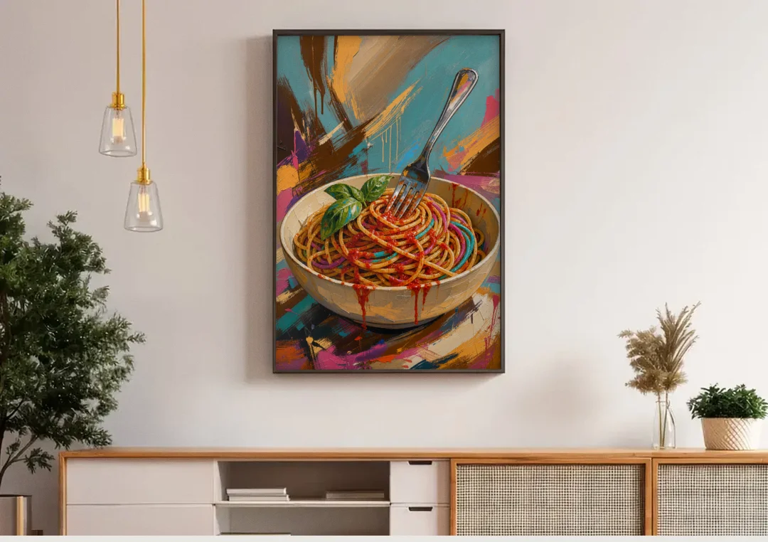 Spaghetti Bowl with Fork and Basil in Teal Strokes canvas wall art above a wooden sideboard under pendant lights