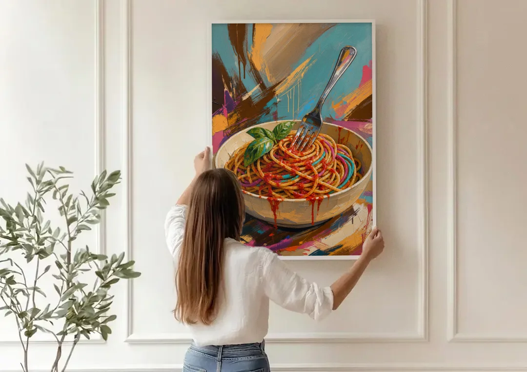 Spaghetti Bowl with Fork and Basil in Teal Strokes canvas wall art being hung on a paneled wall