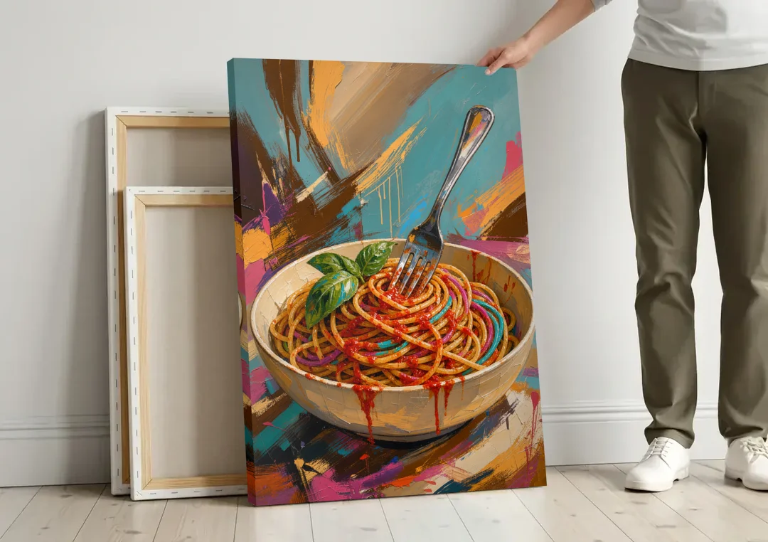 Spaghetti Bowl with Fork and Basil in Teal Strokes canvas wall art leaning against a wall next to blank canvases
