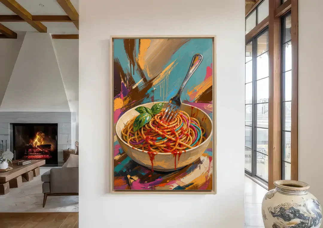 Spaghetti Bowl with Fork and Basil in Teal Strokes canvas wall art in a living room with a fireplace