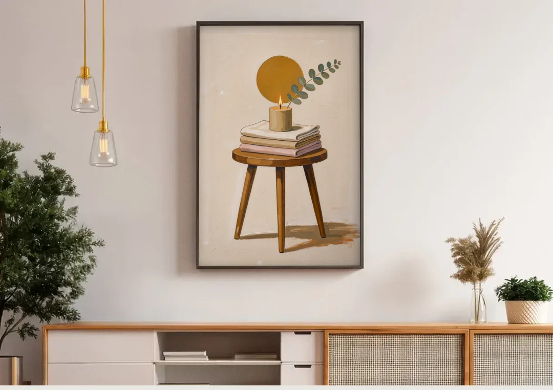 Spare Bedroom Decor with Candle and Eucalyptus canvas wall art above a wooden sideboard under pendant lights
