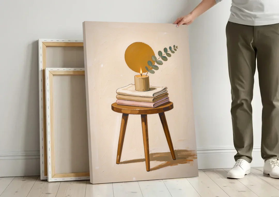 Spare Bedroom Decor with Candle and Eucalyptus canvas wall art leaning against a wall next to blank canvases