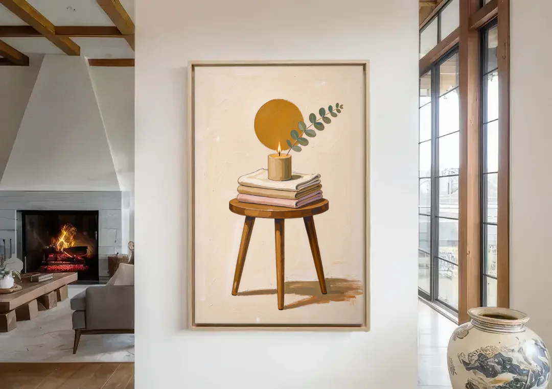 Spare Bedroom Decor with Candle and Eucalyptus canvas wall art in a living room with a fireplace