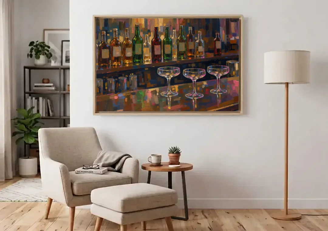 Speakeasy Decor Back Bar with Three Coupes canvas wall art above an armchair in a bright living room