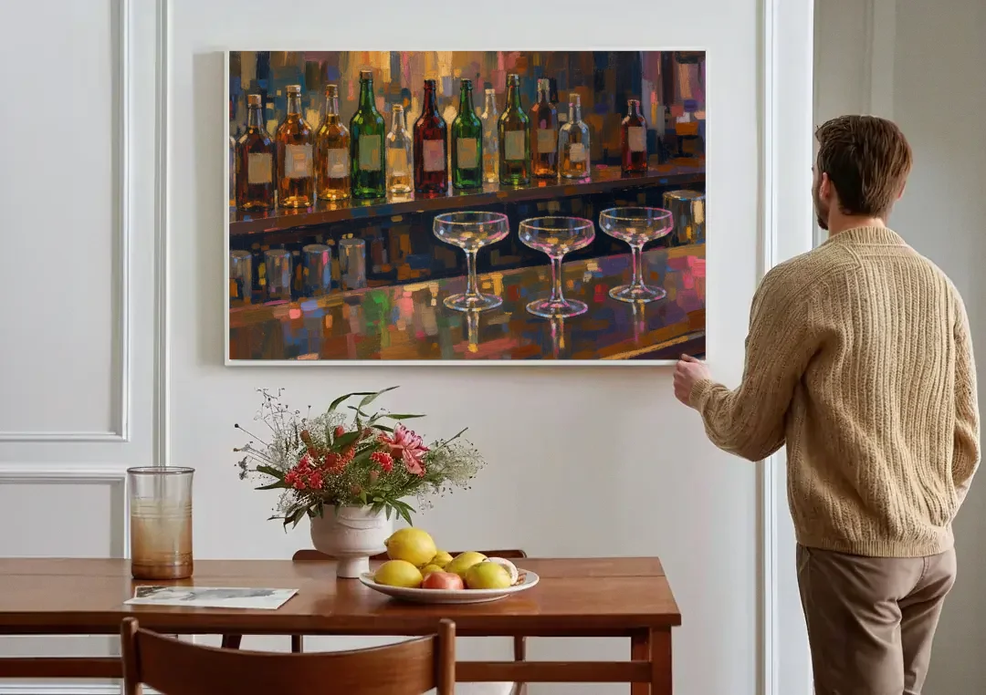 Speakeasy Decor Back Bar with Three Coupes canvas wall art above a dining table