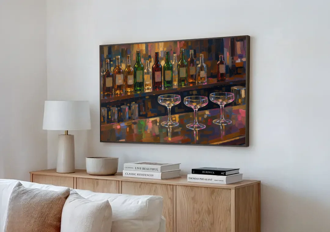 Speakeasy Decor Back Bar with Three Coupes canvas wall art above a wooden sideboard next to a sofa