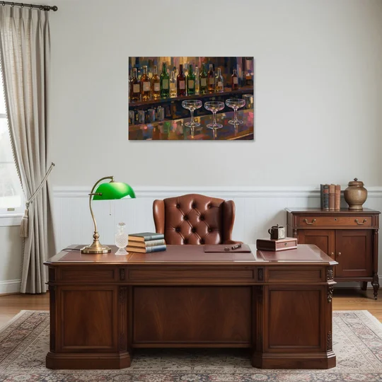 Speakeasy Decor Back Bar with Three Coupes - Canvas Wall Art - Office - 36x24