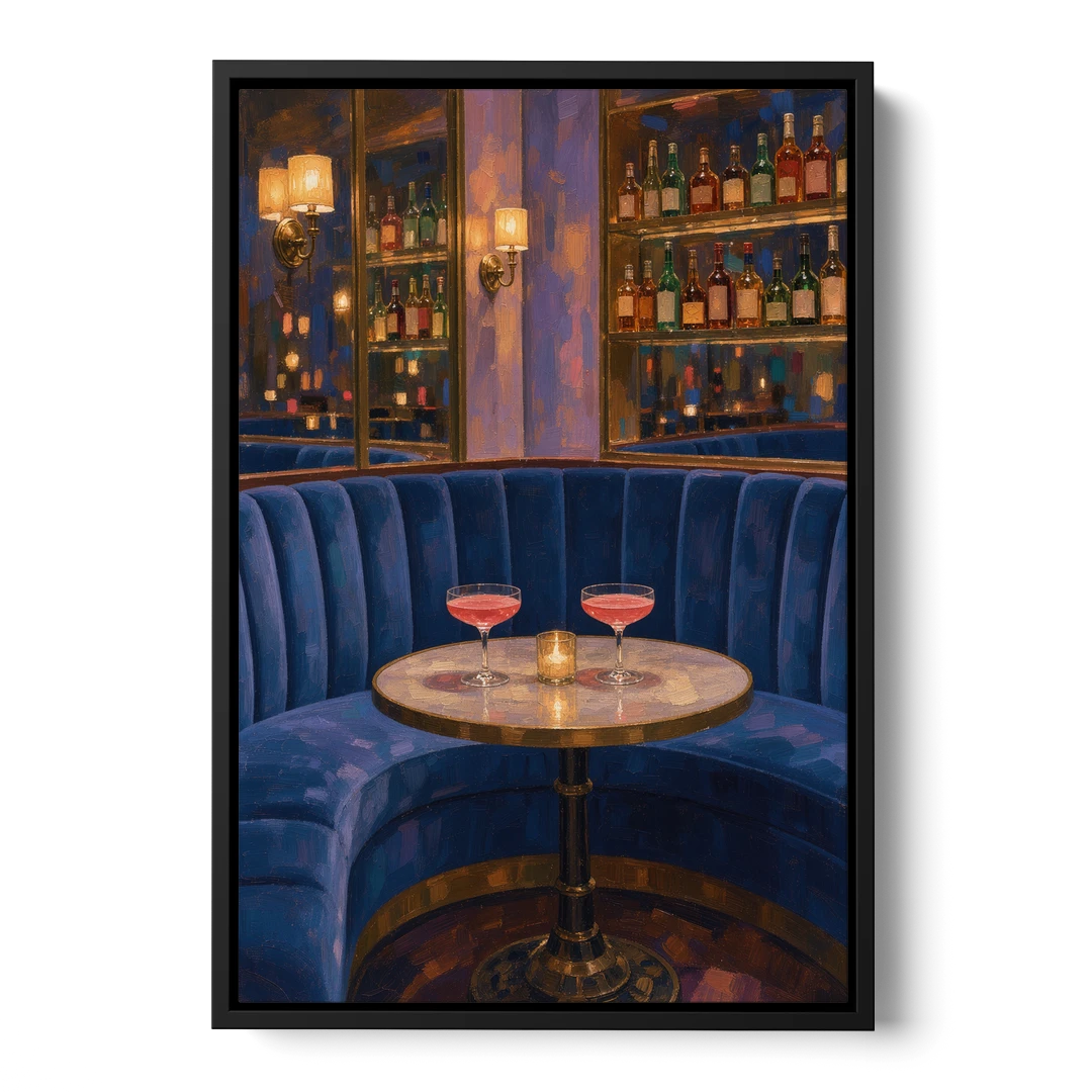 Speakeasy Velvet Booth for Two - Black Framed Canvas Wall Art - Front