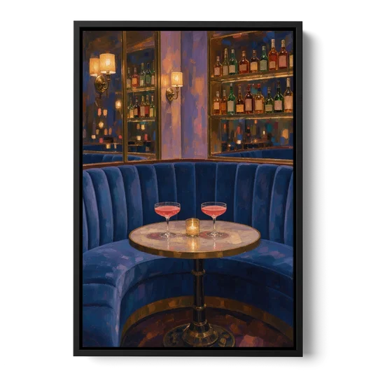 Speakeasy Velvet Booth for Two - Black Framed Canvas Wall Art - Front