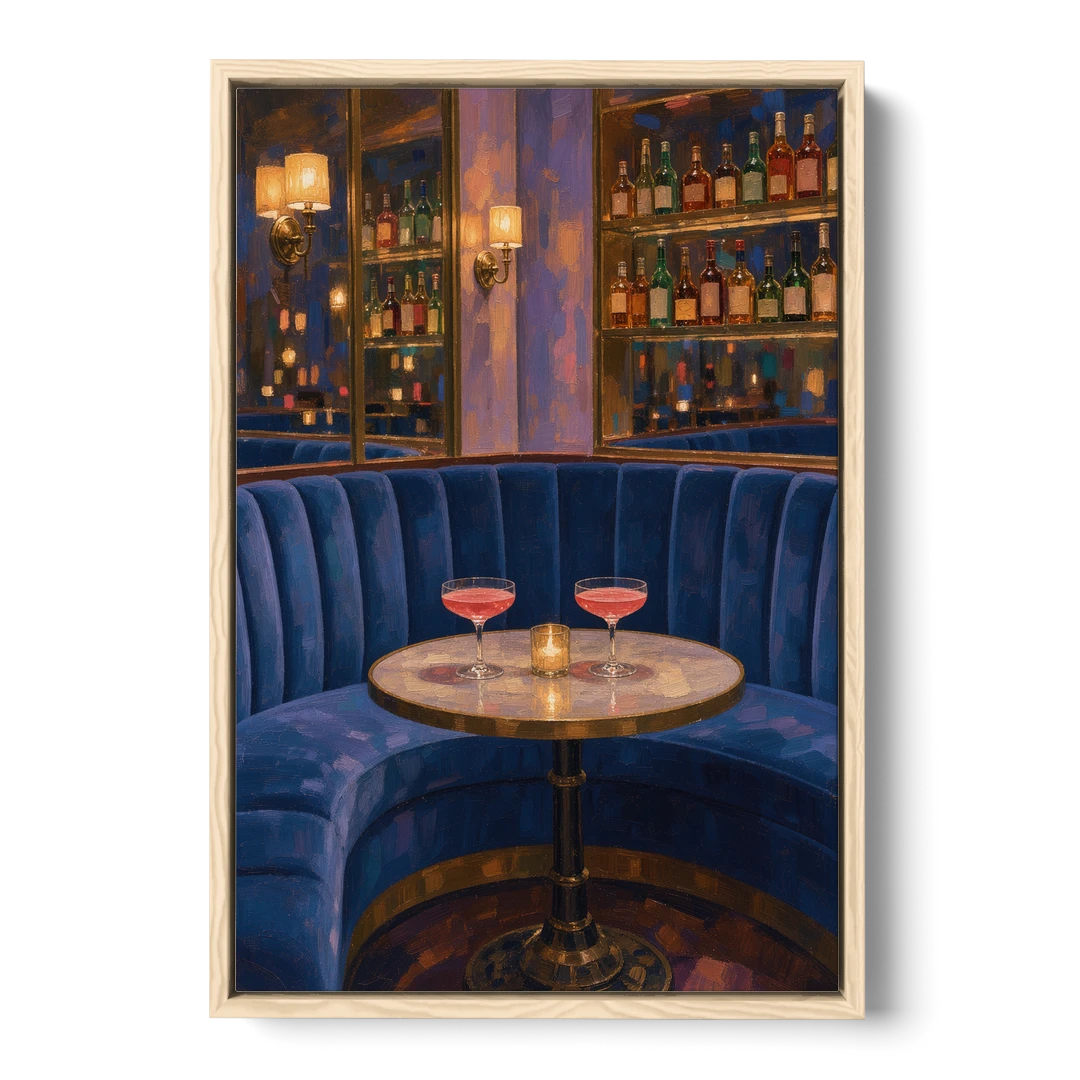 Speakeasy Velvet Booth for Two - Oak Framed Canvas Wall Art - Front
