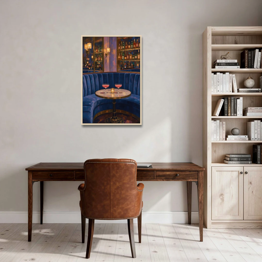 Speakeasy Velvet Booth for Two - Oak Framed Canvas Wall Art - Office - 24x36
