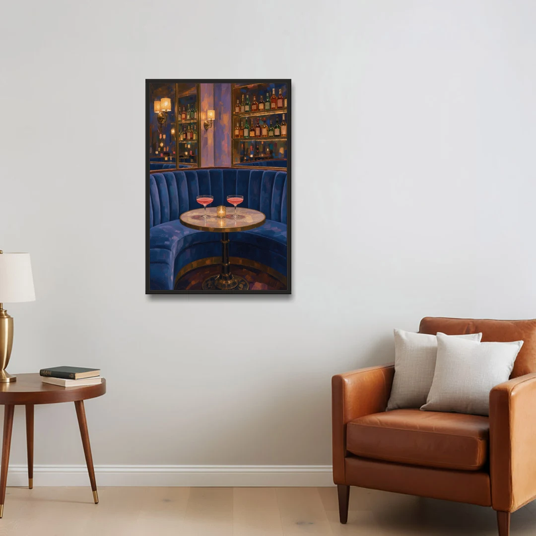 Speakeasy Velvet Booth for Two - Black Framed Canvas Wall Art - Sofa - 24x36