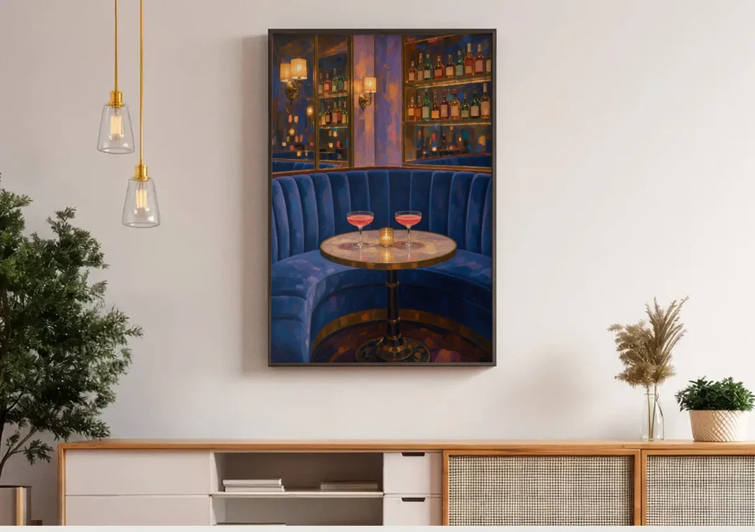 Speakeasy Velvet Booth for Two canvas wall art above a wooden sideboard under pendant lights