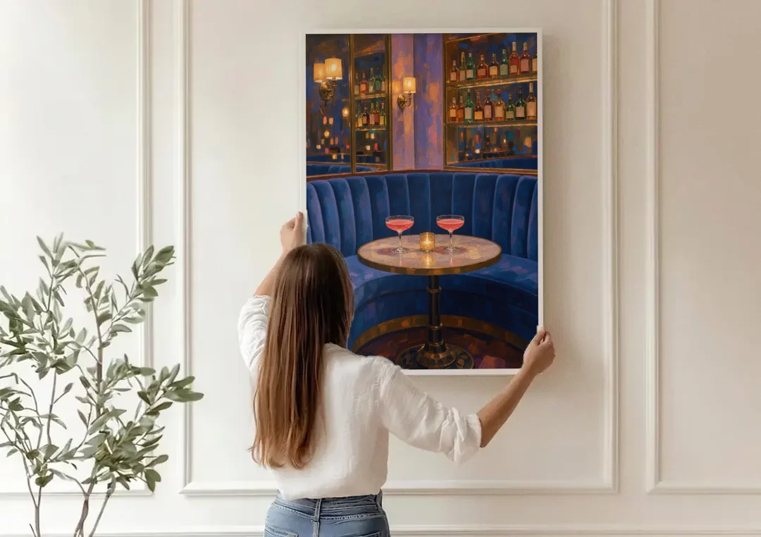 Speakeasy Velvet Booth for Two canvas wall art being hung on a paneled wall