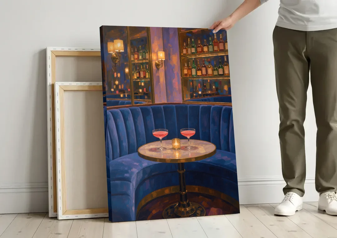 Speakeasy Velvet Booth for Two canvas wall art leaning against a wall next to blank canvases