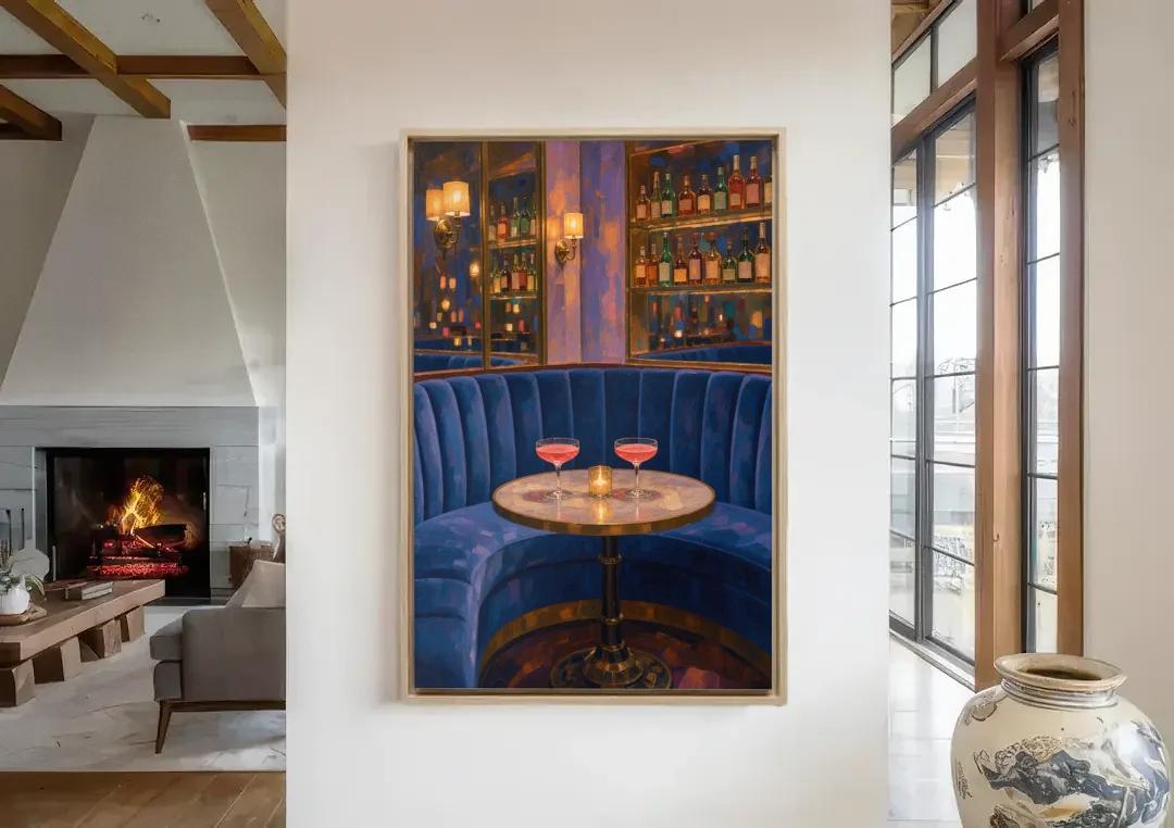 Speakeasy Velvet Booth for Two canvas wall art in a living room with a fireplace