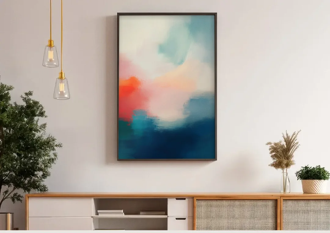 Spectrum Sea canvas wall art above a wooden sideboard under pendant lights