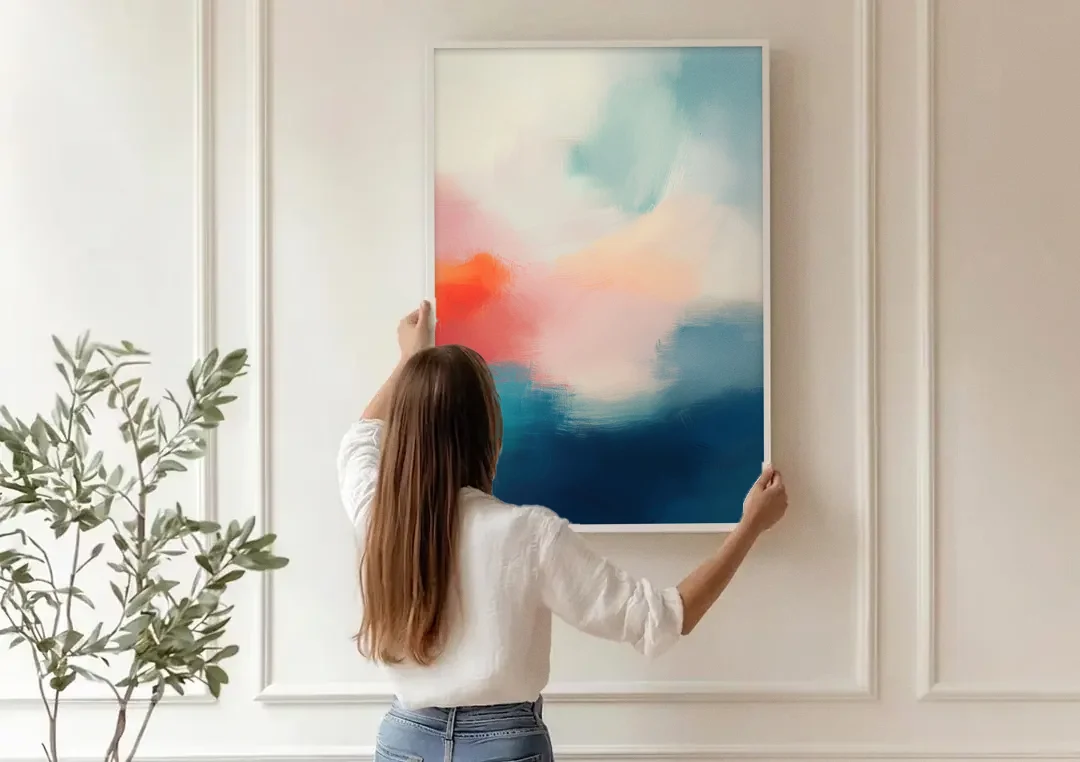 Spectrum Sea canvas wall art being hung on a paneled wall