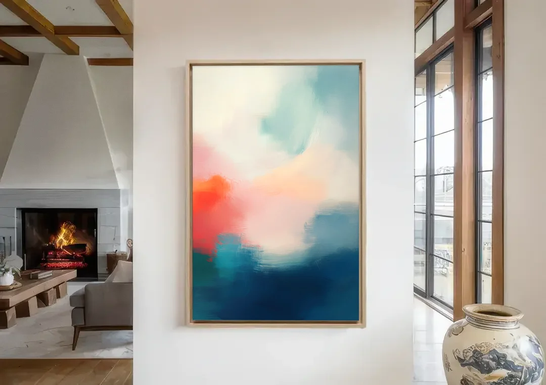 Spectrum Sea canvas wall art in a living room with a fireplace