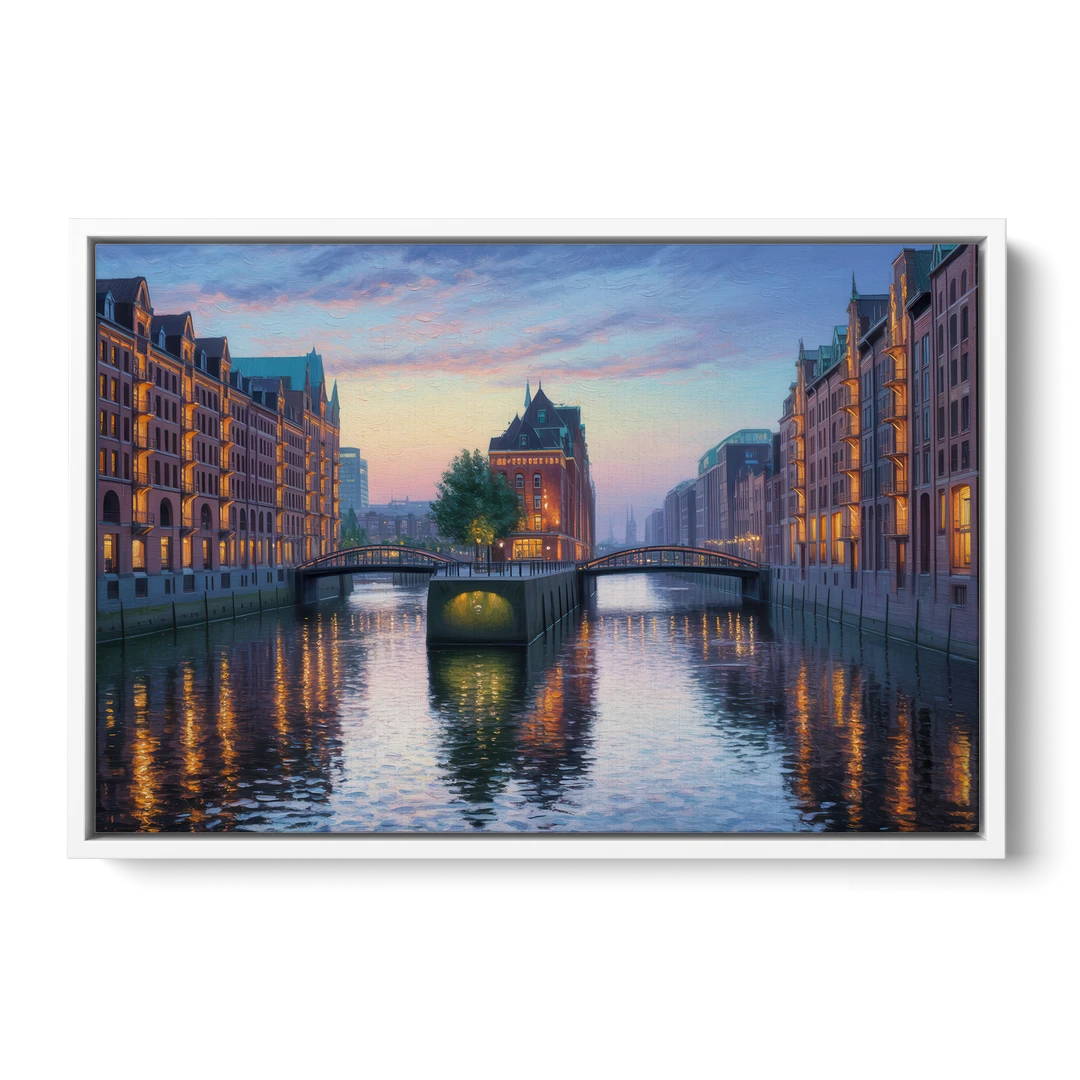 Speicherstadt Dreams - White Framed Canvas Wall Art - Front