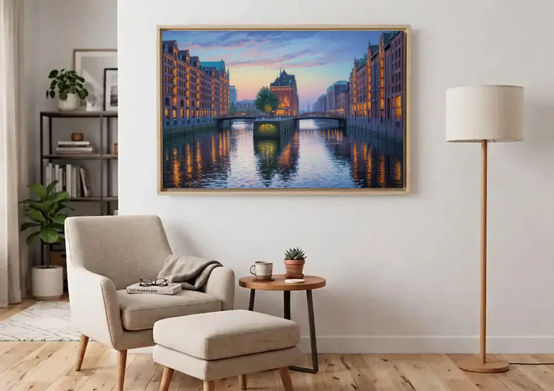 Speicherstadt Dreams canvas wall art above an armchair in a bright living room