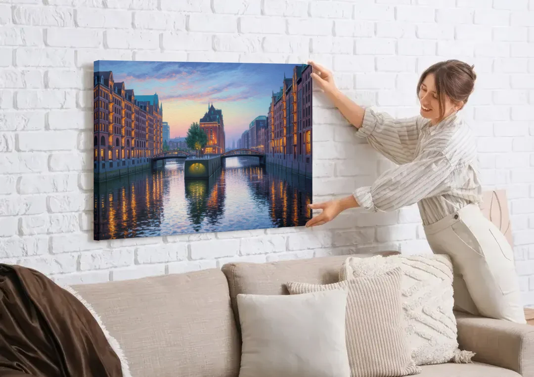 Speicherstadt Dreams canvas wall art being hung on a white brick wall above a sofa